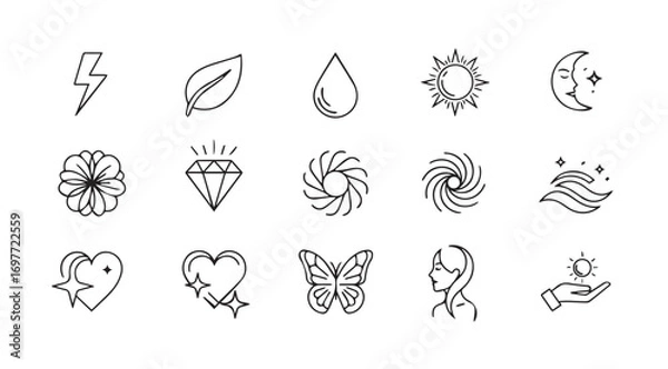 Fototapeta Collection of hand drawn celestial nature and abstract symbols silhouette
