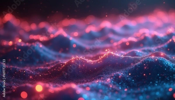 Fototapeta Abstract glowing landscape with undulating hills and particles