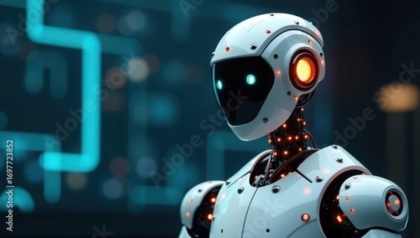 Fototapeta A sophisticated, futuristic robot, detailed in white, features glowing orange and teal accents.