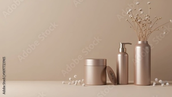 Fototapeta Rose gold cosmetic containers and dried flowers arranged in a minimalist display against a neutral background.