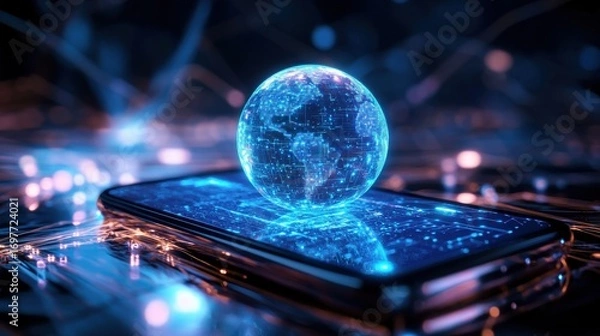 Fototapeta Digital globe displayed on modern smartphone in futuristic setting