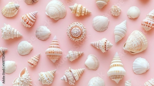Fototapeta Various seashells arranged on pink surface in studio setting