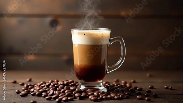 Fototapeta A steaming glass cup of coffee, layered with creamy froth and dark espresso, sits on a wooden surface, surrounded by coffee beans.