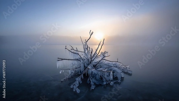 Fototapeta Frost covered tree branch on snowy lake shore at sunrise in winter