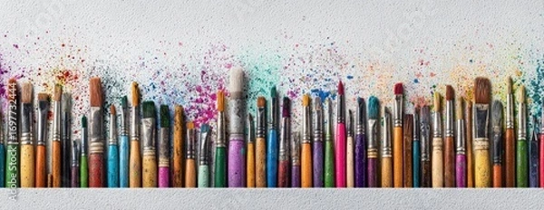 Fototapeta A vibrant array of paintbrushes with colorful handles, bristles upwards, against a white surface with splatters of paint creating artistic texture