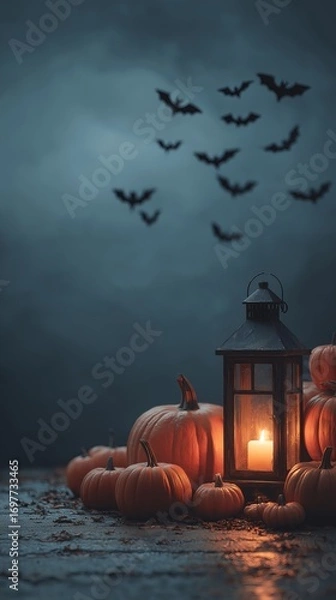 Fototapeta Pumpkins and candle lantern under bats in a moody night sky