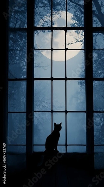Fototapeta Black cat silhouette at a window with full moon beyond