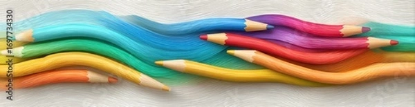 Fototapeta A wavy pattern of colorful pencils and matching color gradients. Smooth textures create vibrant blends and optical flow in a playful design