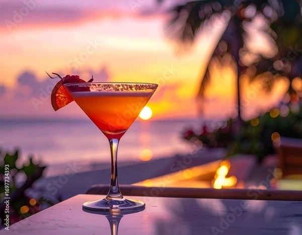 Obraz 夕暮れの太陽と海とカクテル