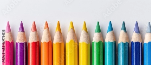 Fototapeta A row of brightly colored pencils sit sharpened, arranged in a rainbow order, displayed against a solid white backdrop