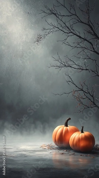 Fototapeta Pumpkins on wet ground under misty branches at dusk