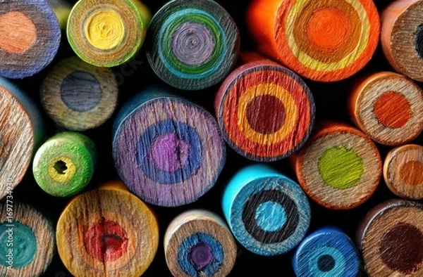 Fototapeta Close-up of colorful pencils cut in half, revealing wood grain and vibrant color cores in concentric rings, forming a kaleidoscopic pattern