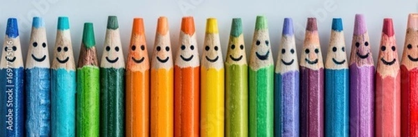 Fototapeta Row of colorful pencils with smiley faces painted on them, each in a different hue, lined up on a white surface in a joyful arrangement