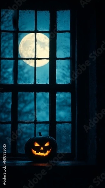 Fototapeta Glowing jack o lantern on windowsill with full moon shining outside