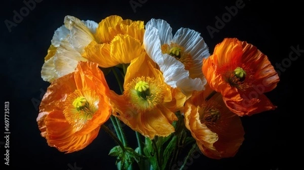 Fototapeta Vivid cluster of poppies in orange, yellow, and white, petals ablaze against a dark, stark background, bright blooms