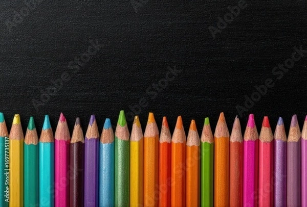 Fototapeta A neat row of colourful pencils lined up against a dark, rough background surface. School supplies, vibrant and visually appealing