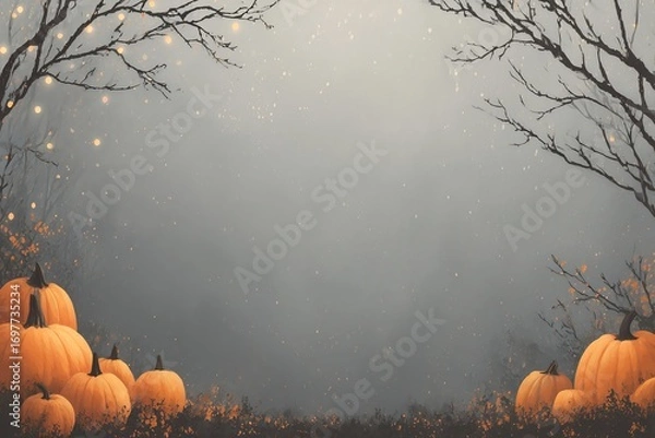 Fototapeta Halloween pumpkin field illustration with glowing sparks and misty background