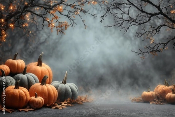 Fototapeta Pumpkins arranged with autumn leaves and foggy background under tree branches