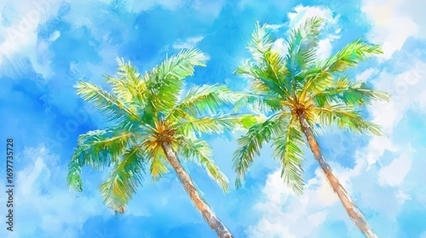 Fototapeta Two palm trees standing in sunny tropical environment