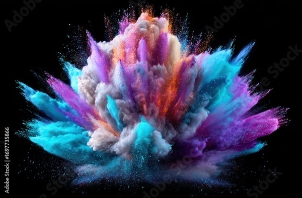 Fototapeta Vibrant explosion of colored powder in a dark space. The colors are a mix of blues, purples, oranges and whites creating cloud-like forms