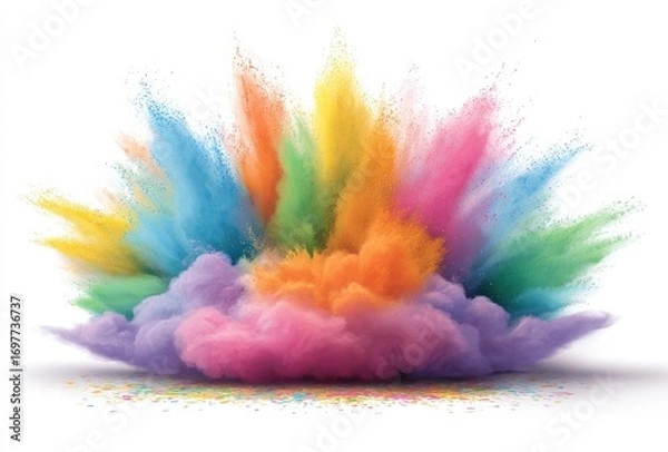 Fototapeta A colorful cloud of powdered pigment explosively blooms upward from a base of lilac hue against a clean white background