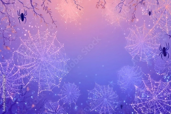 Fototapeta Glowing spiderwebs with hanging spiders on dreamy purple and pink background