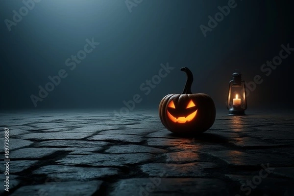 Fototapeta Glowing jack o lantern on dark cobblestone ground with lantern light behind