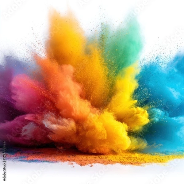 Fototapeta Explosion of vibrant, colorful powder against a white backdrop creating dynamic, abstract cloudlike formations