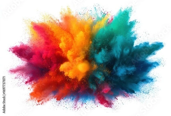 Fototapeta A vibrant burst of multicolored powder explodes outward against a pure white backdrop, creating a dynamic and energetic visual effect