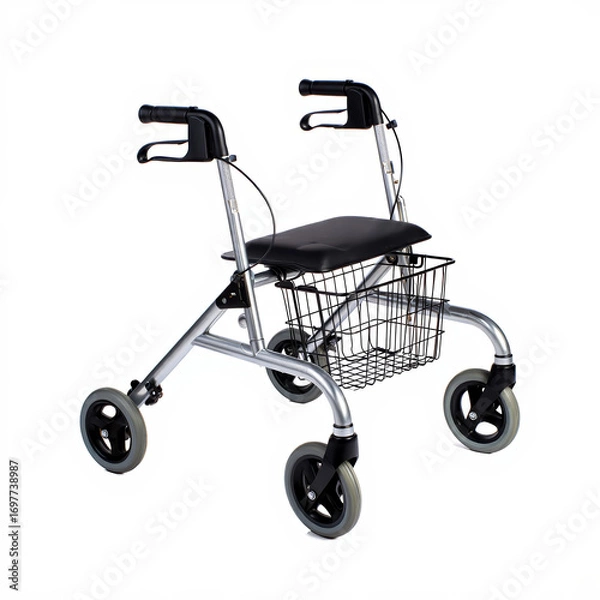 Fototapeta Four-wheeled rollator walker with padded seat, basket, and brakes, designed for mobility support, comfort, and independence in daily movement. AI generated.
