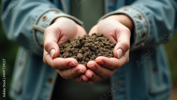 Fototapeta Close-up view of a handful of dark brown soil held in cupped hands, showcasing a natural, earthy tone.