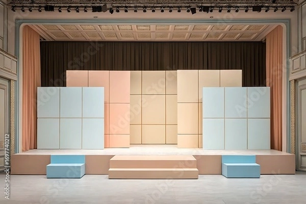 Fototapeta Minimalist stage design with pastel blocks blue