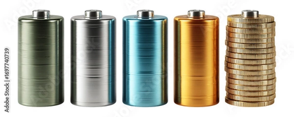 Fototapeta Colorful Battery Cylinders and Stacked Coins Arrangement