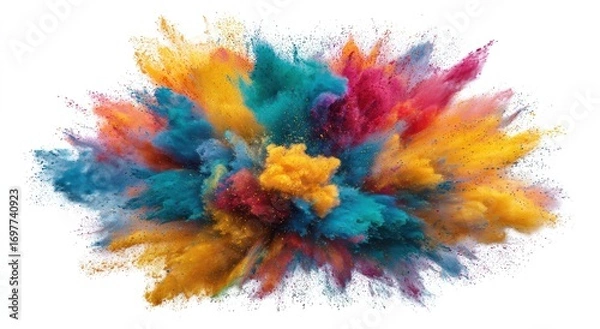 Fototapeta A vibrant burst of multicolored powder explosion against a bright white background creates a dynamic and abstract explosion of vivid colors