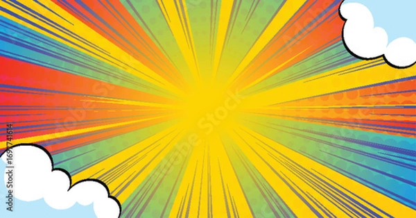 Obraz Anime comic burst with rainbow rays and white clouds for explosive manga background. Vibrant yellow center with speed lines outward. Pop art style motion effect for action scenes or superhero panels.