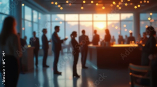 Fototapeta A blurred image of people at a corporate event with a sunset view through large windows