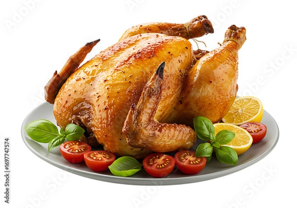 Fototapeta Roasted whole chicken on a plate garnished with fresh vegetables and herbs Isolated on transparent background