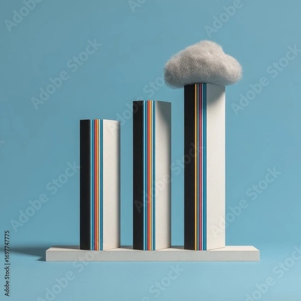 Fototapeta Three stacked abstract forms, varying in color, rise upward against a pale blue background, culminating in a fluffy cloud, symbolizing growth and progress.