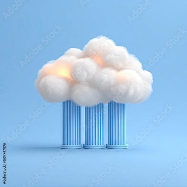 Fototapeta Three light-blue pillars support a fluffy white cloud, illuminated with soft, warm light.