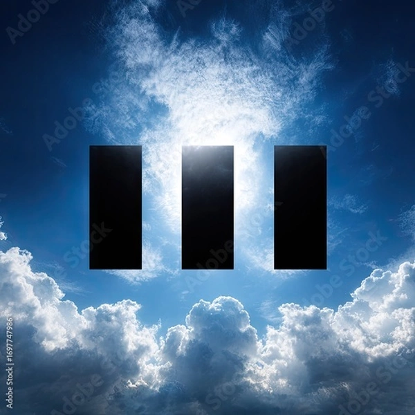 Fototapeta Three large, dark shapes against a vibrant blue sky filled with fluffy clouds, creating a striking visual contrast.