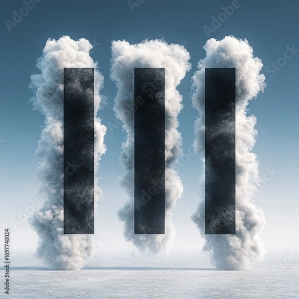 Fototapeta Three vertical, dark shapes emerge from dense white clouds against a pale blue sky, creating a powerful and symbolic image.