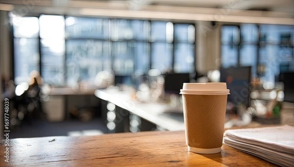 Fototapeta A disposable coffee cup rests on a wooden table, subtly highlighting a modern office setting.