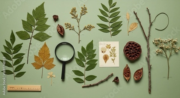 Fototapeta Botanical Study Flatlay with Pressed Leaves, Seed Pods, and Scientific Field Notes on Sage Background