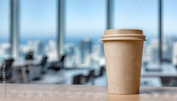 Fototapeta Light brown disposable coffee cup sits on a light wooden surface in an office setting with a cityscape view.