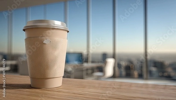 Fototapeta A light beige coffee cup with a paper sleeve sits on a wooden surface in a modern office, overlooking a city skyline.