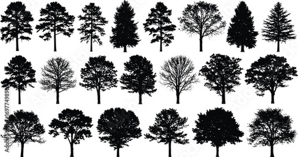 Fototapeta "Collection of diverse tree silhouettes in black, including pine, oak, and deciduous trees, perfect for nature and landscape designs."
