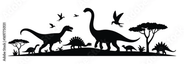 Fototapeta Epic silhouette illustration of a prehistoric world, featuring a diverse array of dinosaurs, ancient trees, and birds, perfect for historical and natural themes