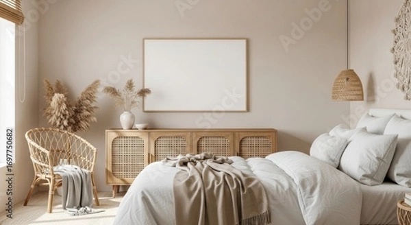 Obraz Serene Bedroom Interior with Rattan Accents, Neutral Palette, and Blank Frame