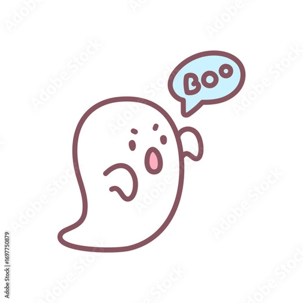 Fototapeta Cute ghost icon. Funny little ghost saying "boo" in a speech bubble. Doodle illustration isolated on white background. Kawaii halloween sticker. Vector 10 EPS.