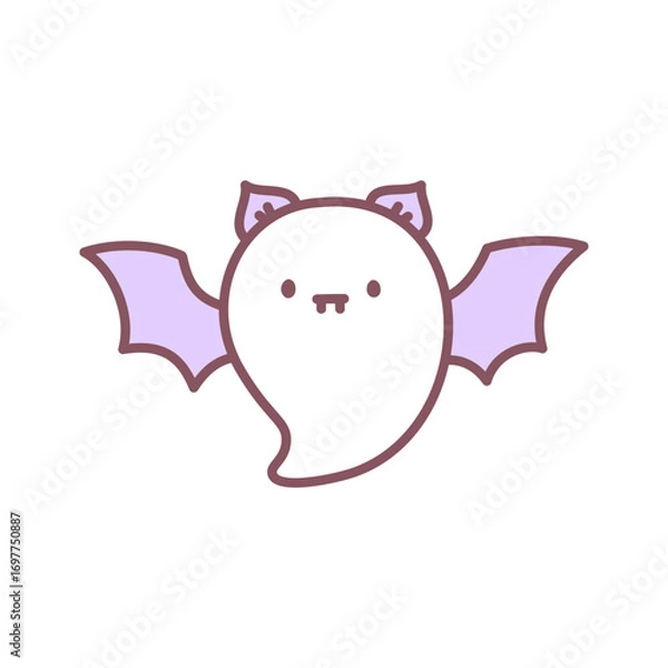 Fototapeta Cute bat ghost icon. Funny little ghost ghost with bat wings. Doodle illustration isolated on white background. Kawaii halloween sticker. Vector 10 EPS.